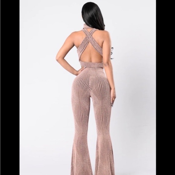 Fashion Nova shimmer two piece set high neck open back tank and bell bottoms - Picture 2 of 4
